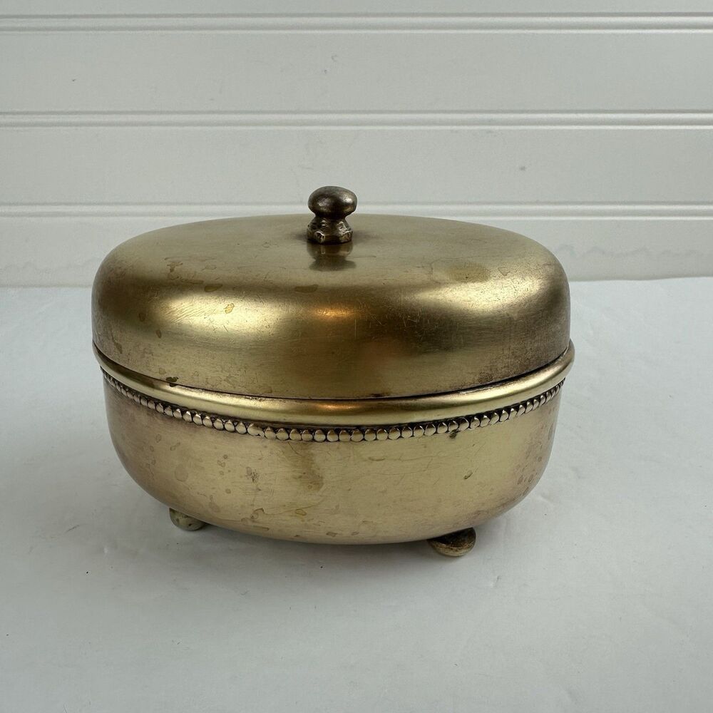 Vintage Brass Oval Trinket Stash Box Hinged Lid Storage Container Persian Marked